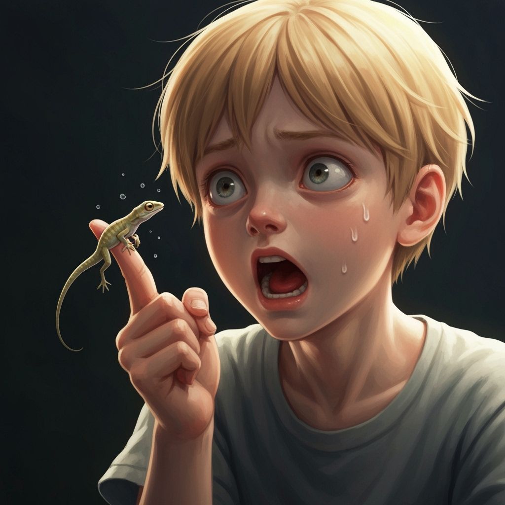 Anime Boy Startled by Lizard, Ghibli Style