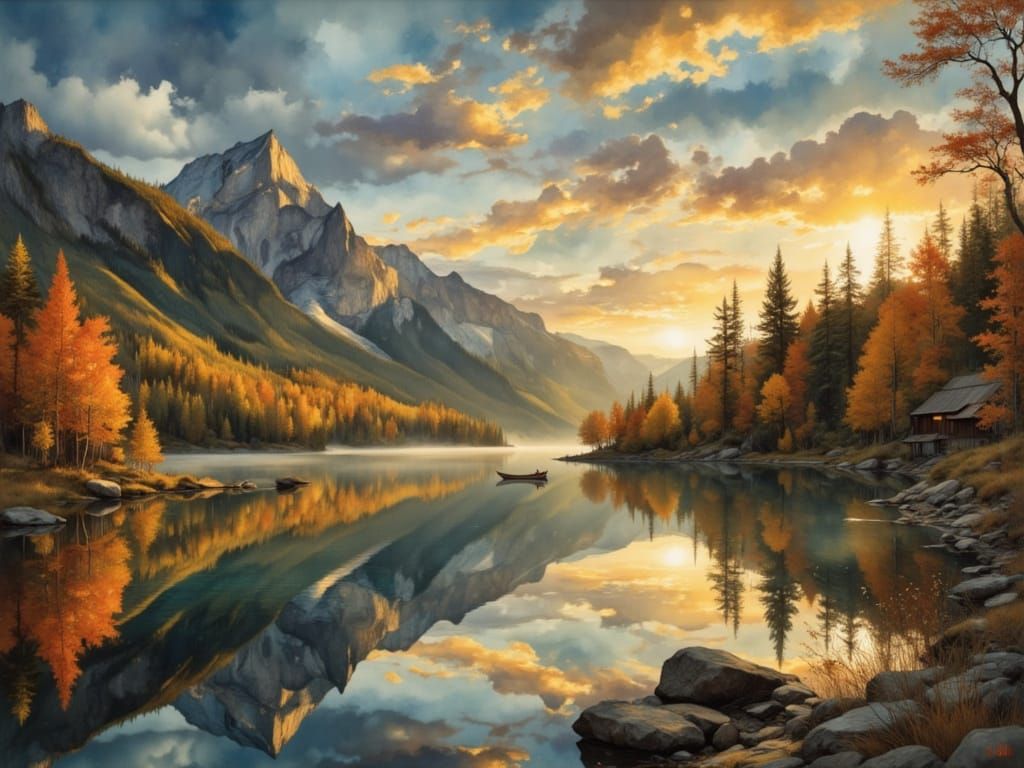 Golden Hour Sunset Over Mountain Lake with Autumn Trees