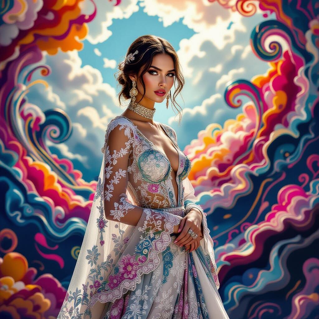Model in Ornate Attire Against Surreal Backdrop