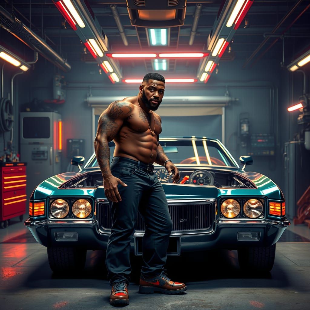 Tall Black Man in Garage with Restored 1971 Buick Riviera