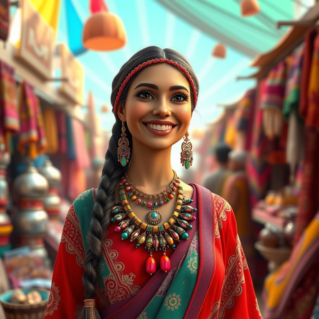 Vibrant Romani Woman in Bustling Marketplace