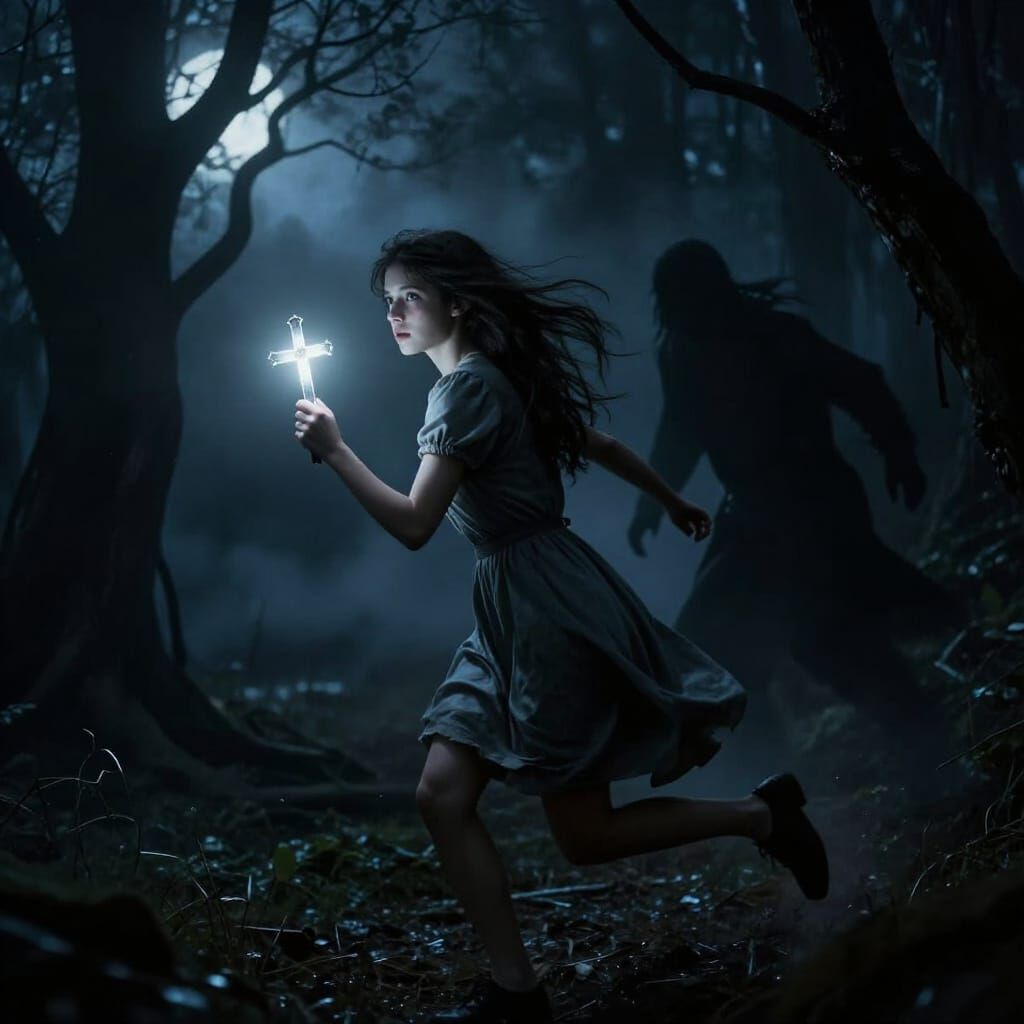 Dark Fantasy Forest Chase with Glowing Cross