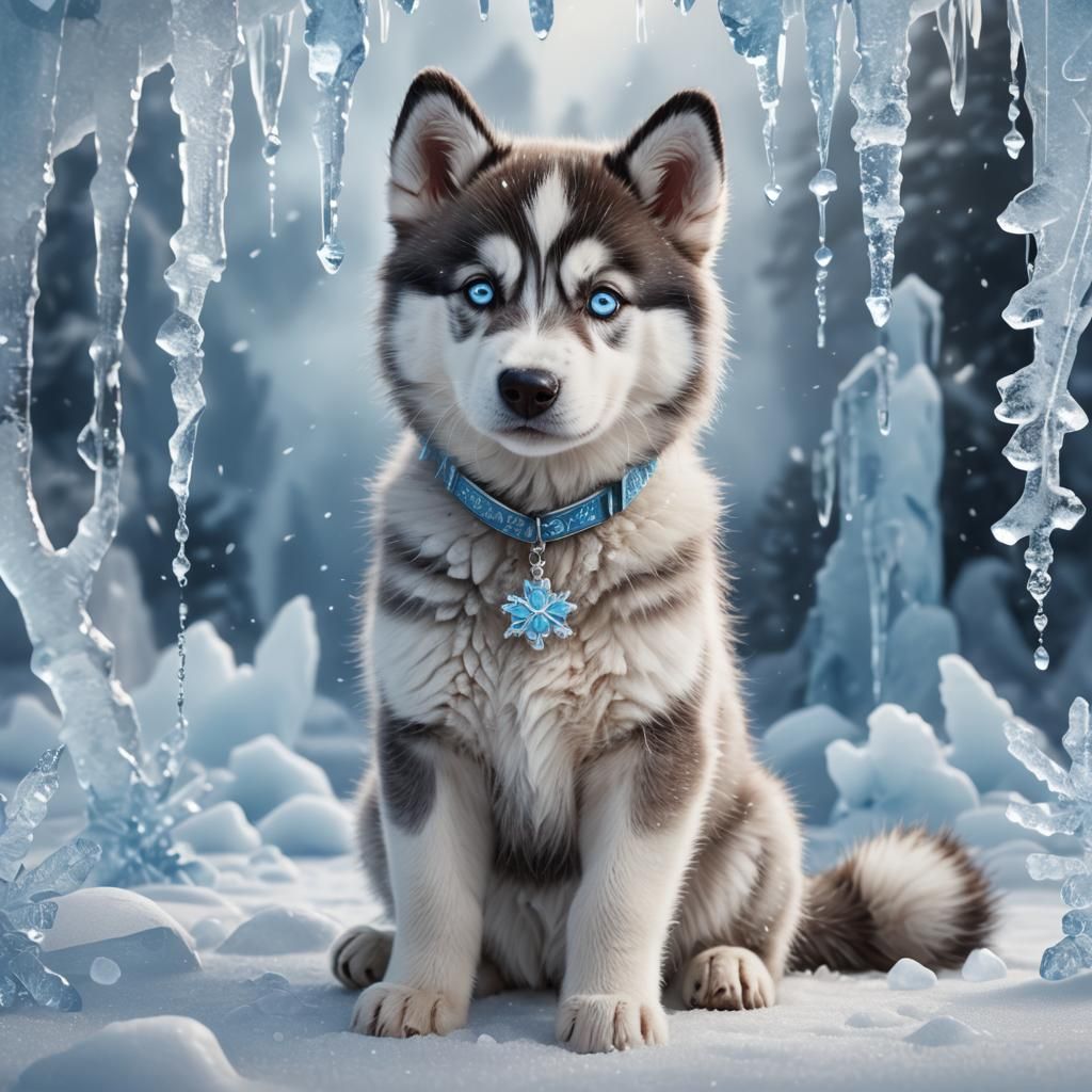 Fluffy Husky Puppy in Snowy Arctic, Digital Painting