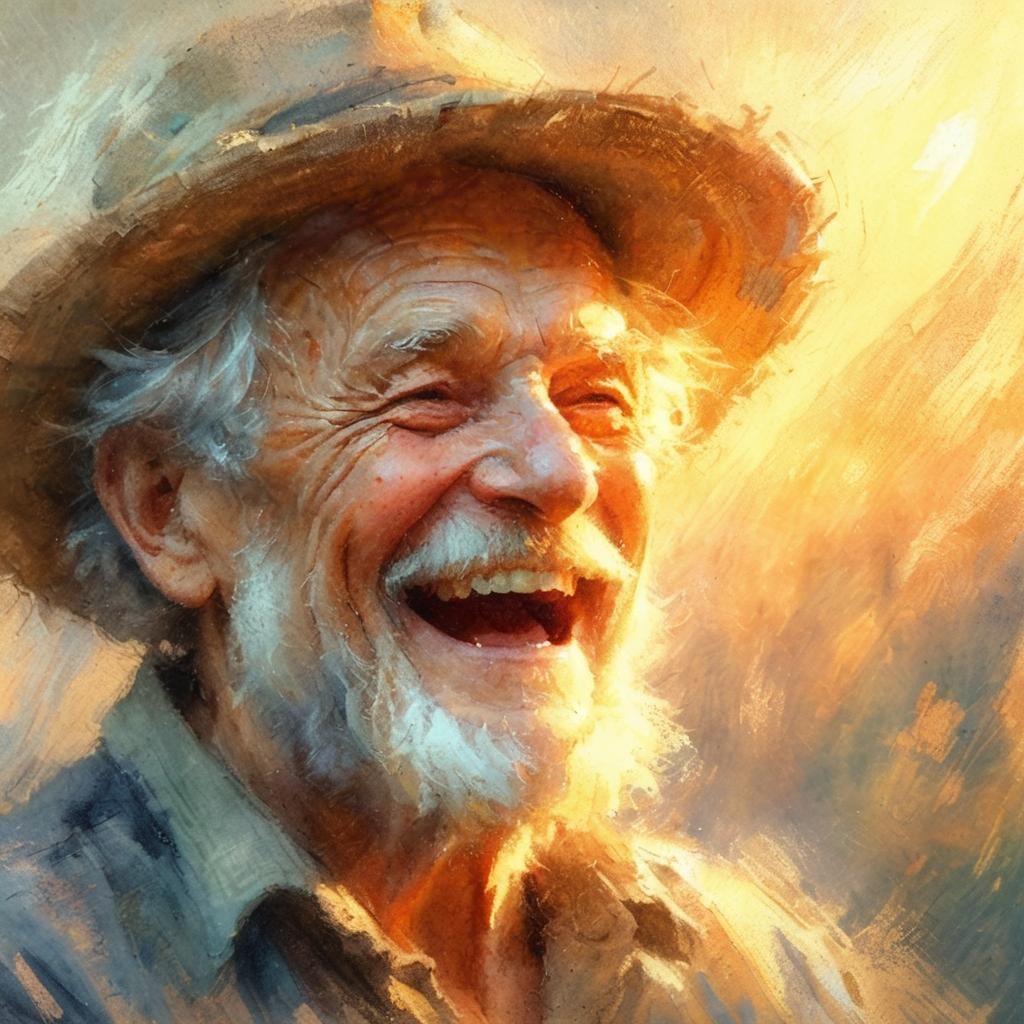 An old man laughs happily