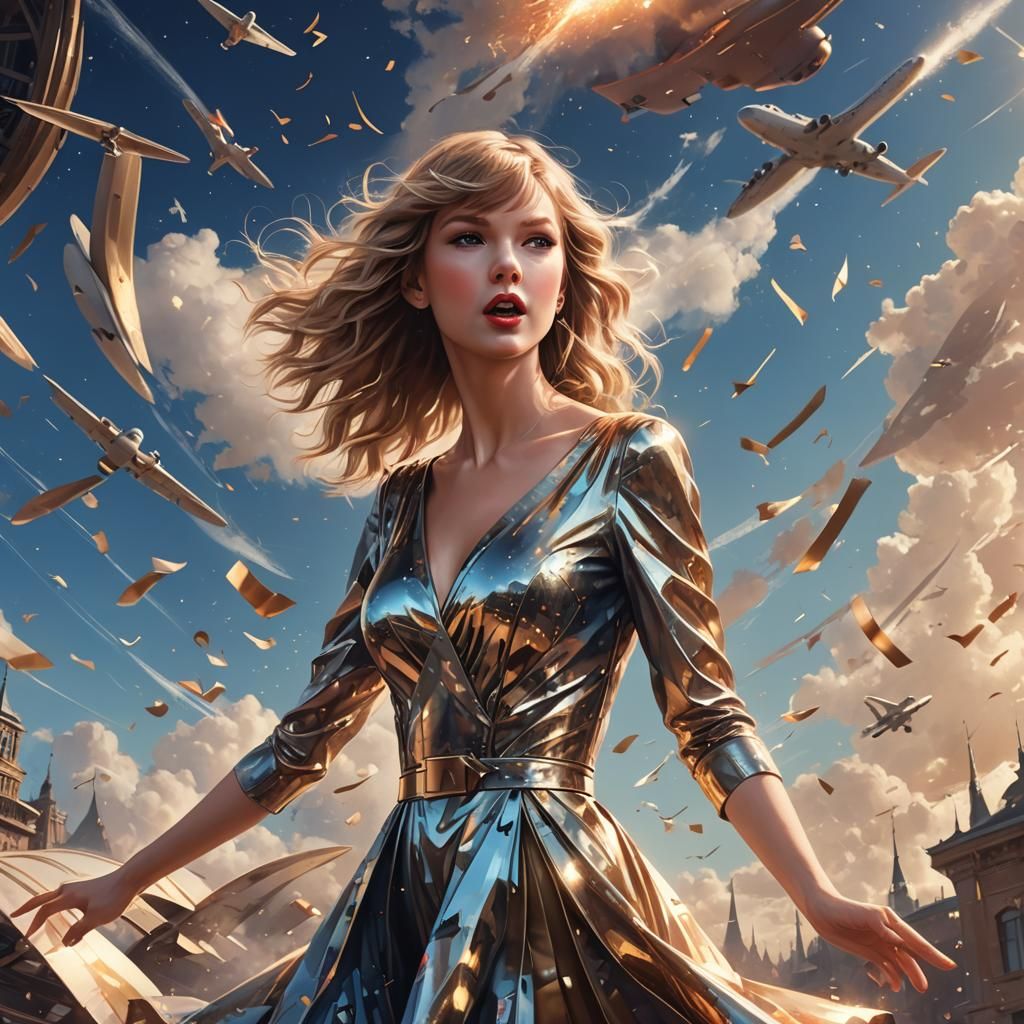 Airplane taking off, Taylor swift waving, shiny dress, music notes floating in sky