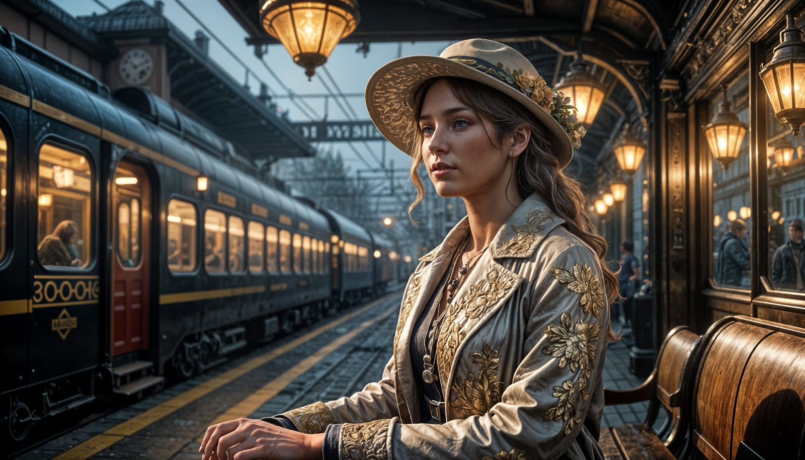 Young Girl Awaits Steam Train in Triadic Colors