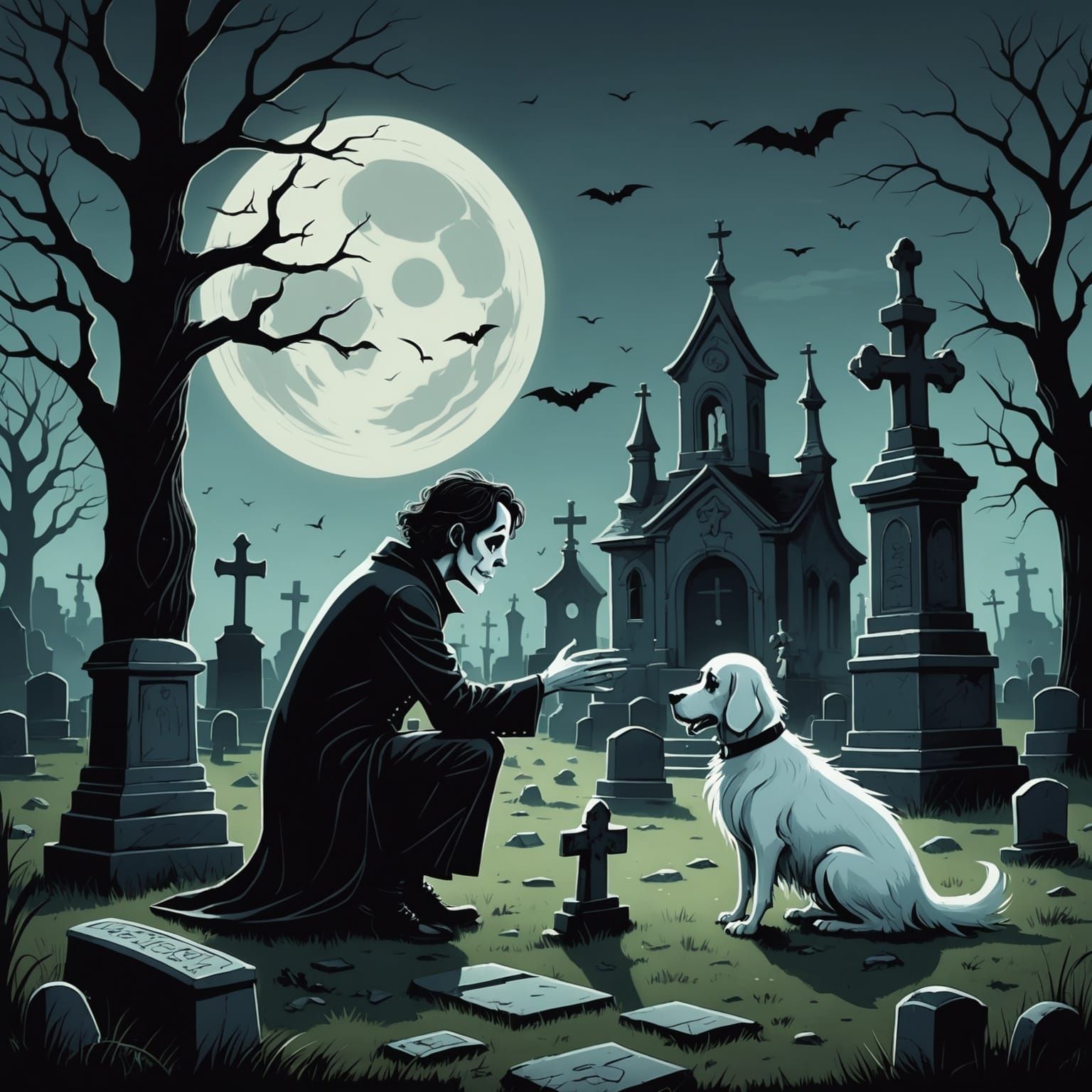Ghost Petting Dog in Cemetery, Tim Burton Cartoon