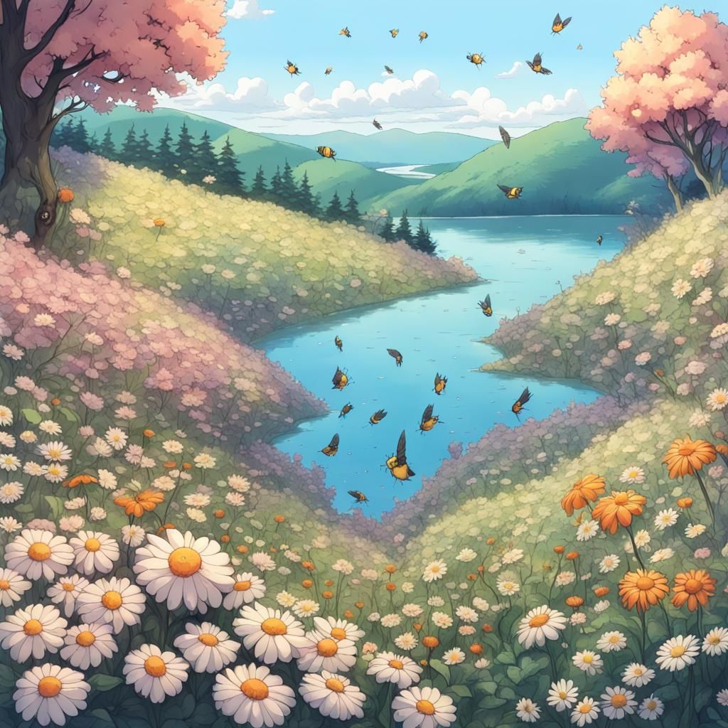 Anime Flower Hill With Birds and Bees