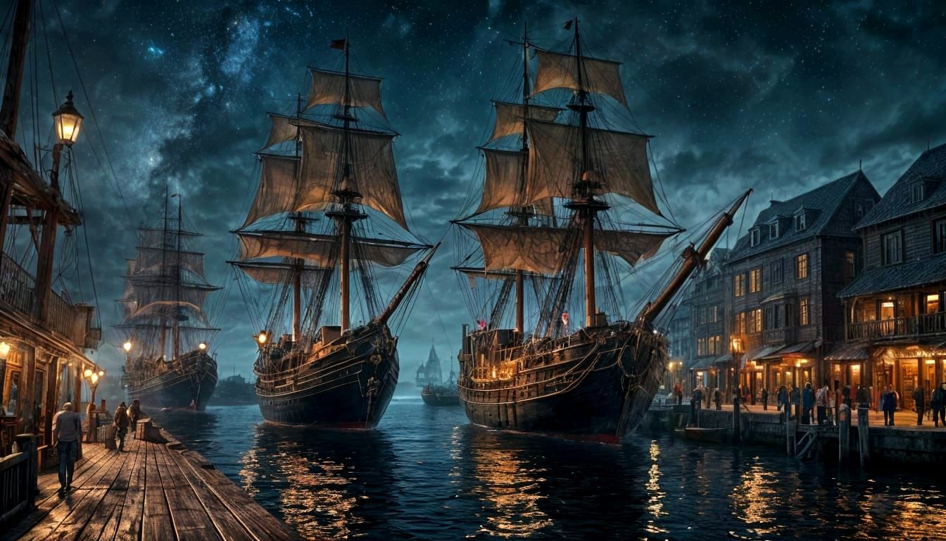 Fantasy Galleon Sails into Port Under Galaxy