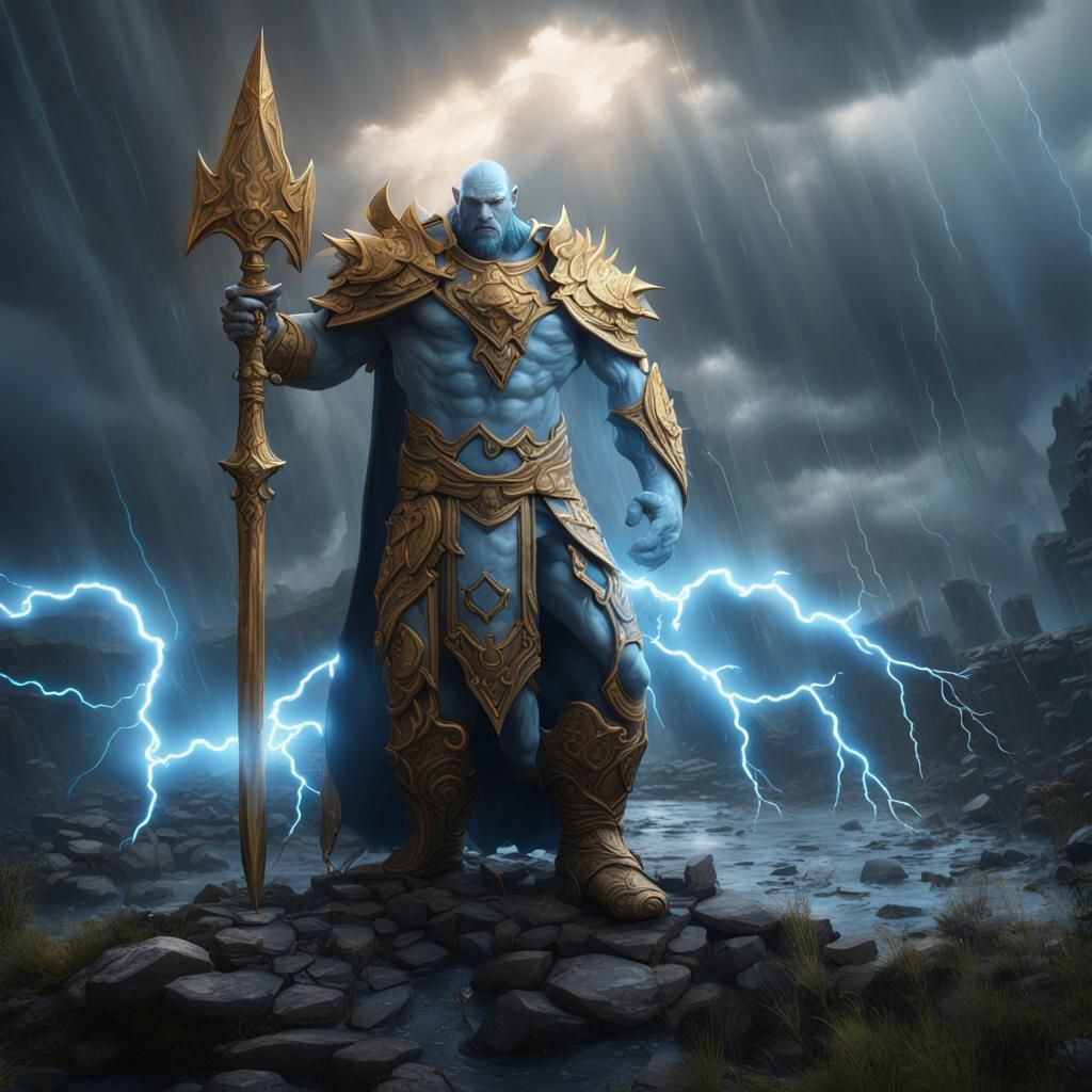 Storm Giant with Golden Spear in Lightning Storm
