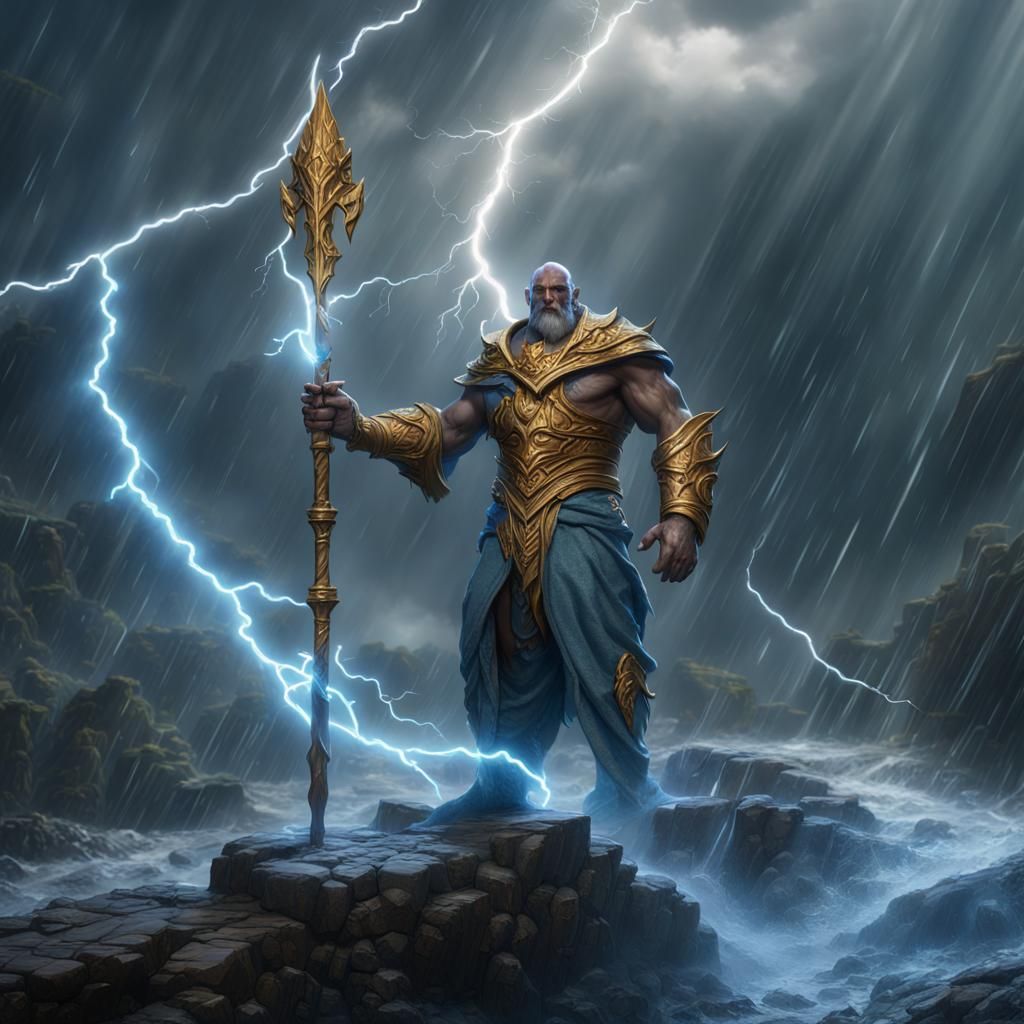 Storm Giant with Golden Spear in Lightning Storm