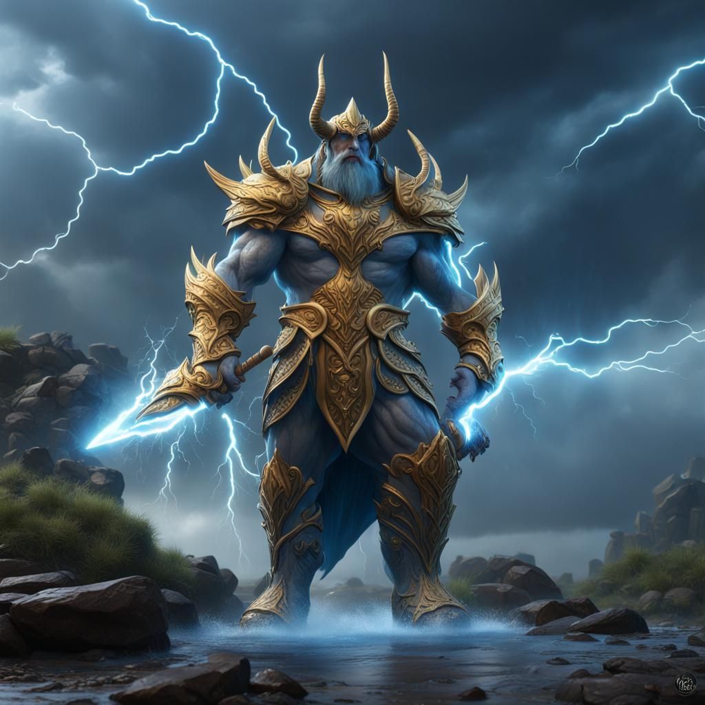 Storm Giant with Gold Spear in Lightning Storm