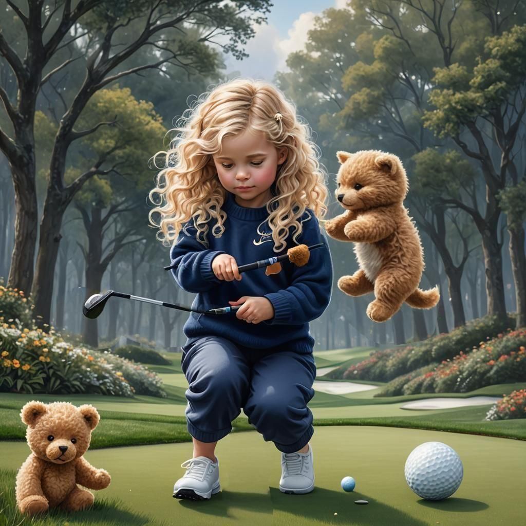 An adorable,  beautiful 4 year old girl, long blonde curly hair, wearing a beautiful navy blue sweater with a teddy bear...