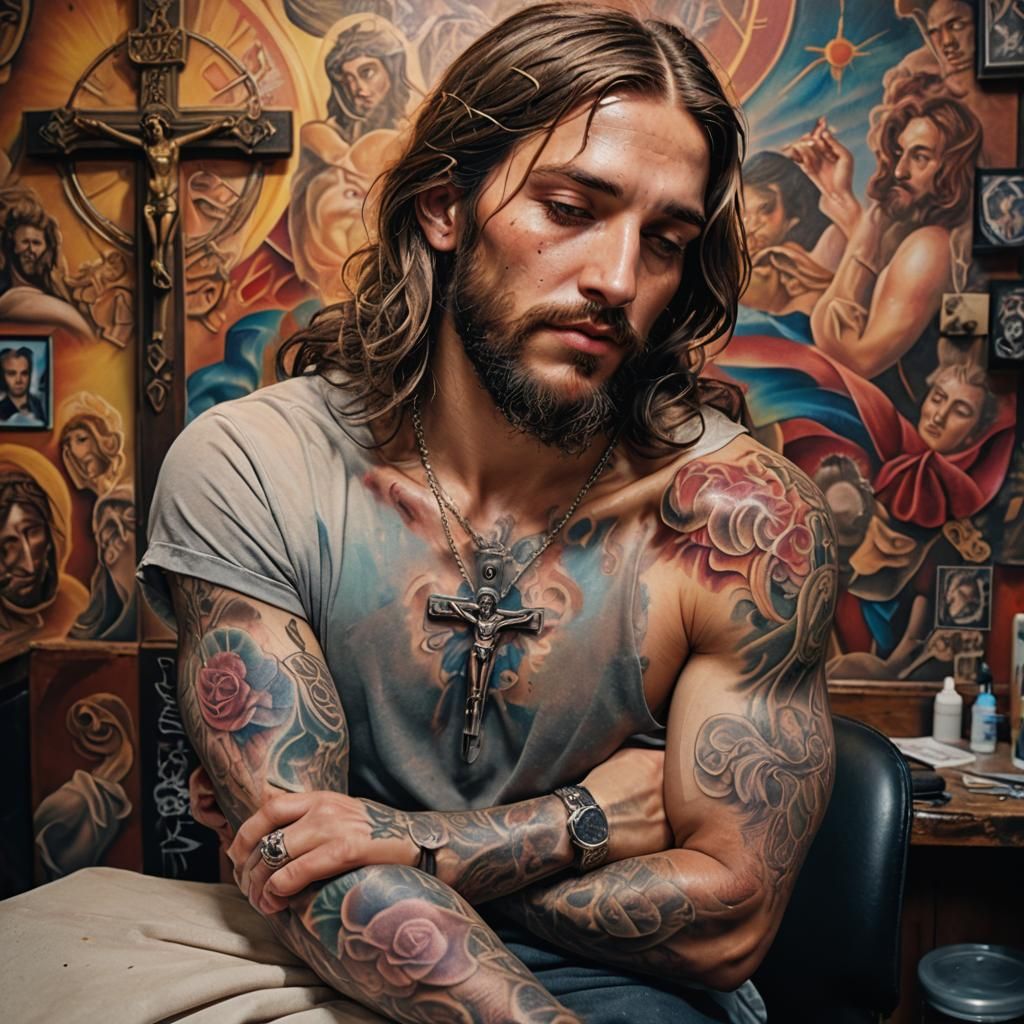 Jesus Christ in Tattoo Parlor: Hyperrealistic Splash Art