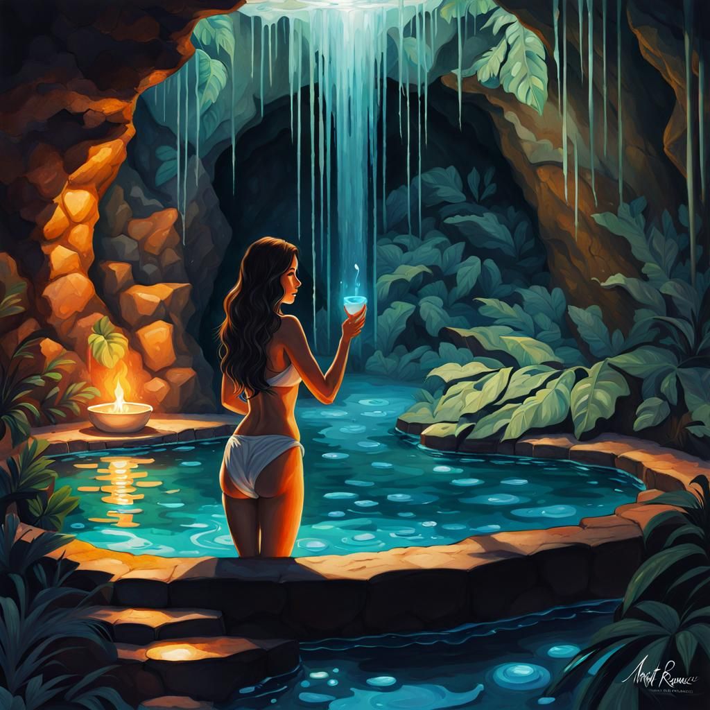 Brunette Girl Bathing in Underground Hot Spring