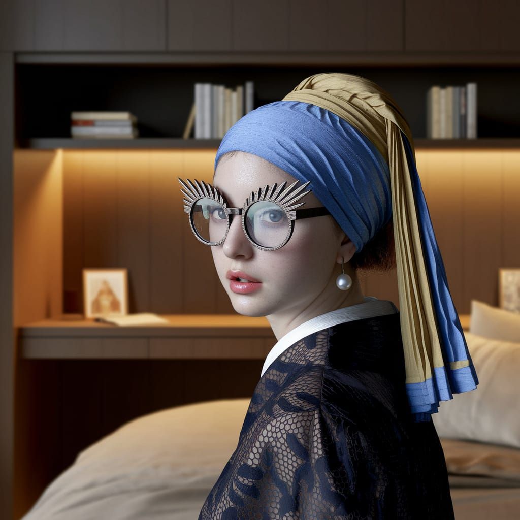 Young Woman in Modern Bedroom, Wearing Elegant Owl Glasses