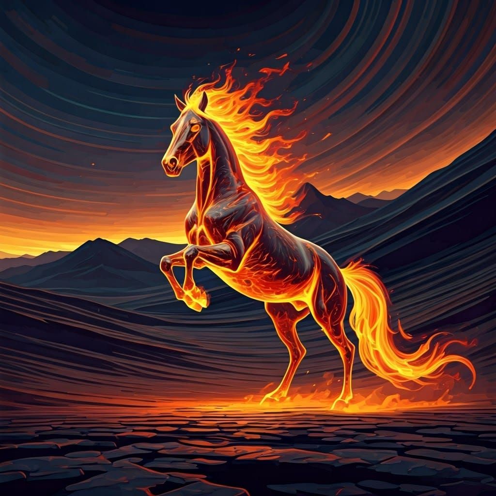 Fiery Stallion Leaps Across Lava Canyon in Vibrant Digital A...