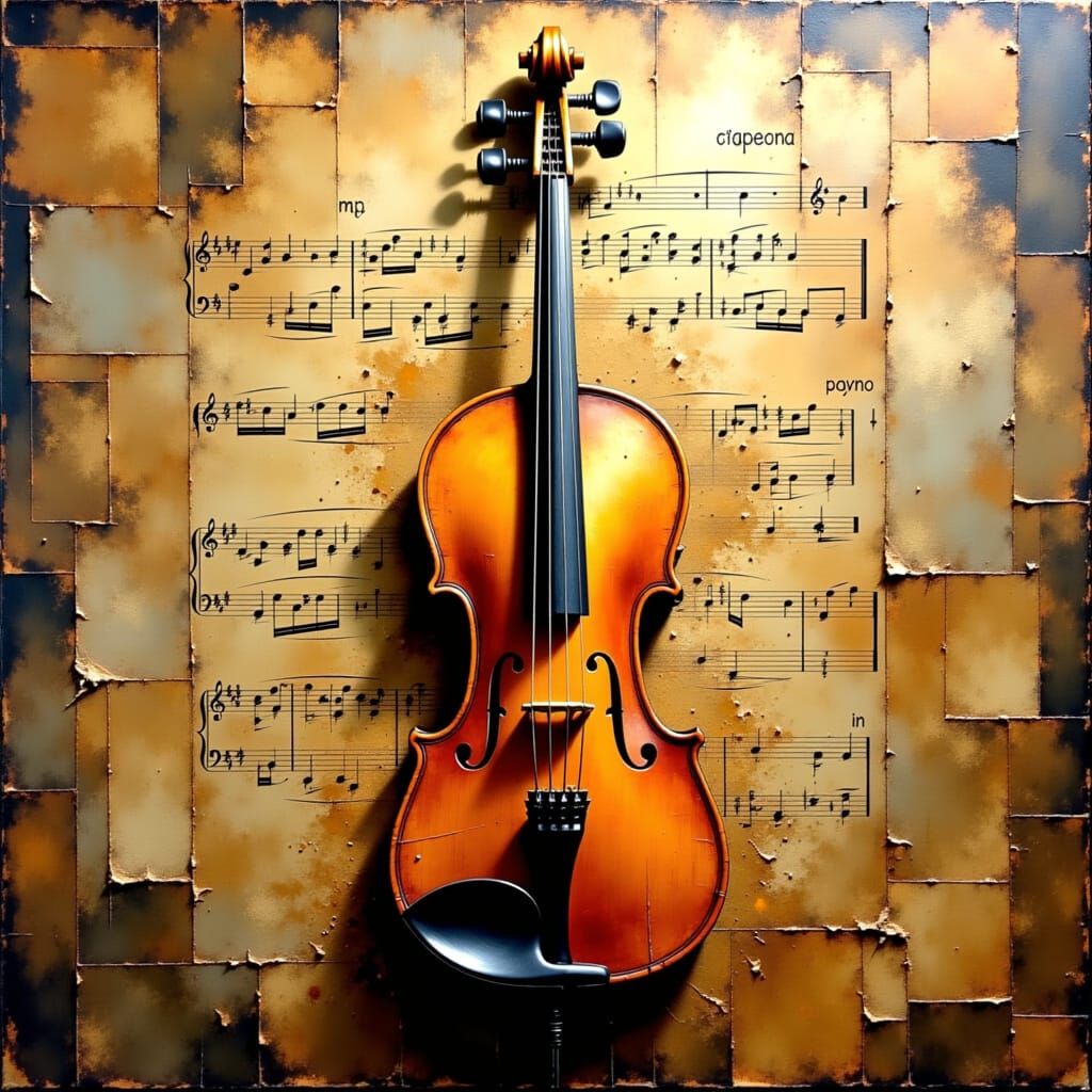 Detailed Violin in Impasto Style with Sepia Music Backdrop