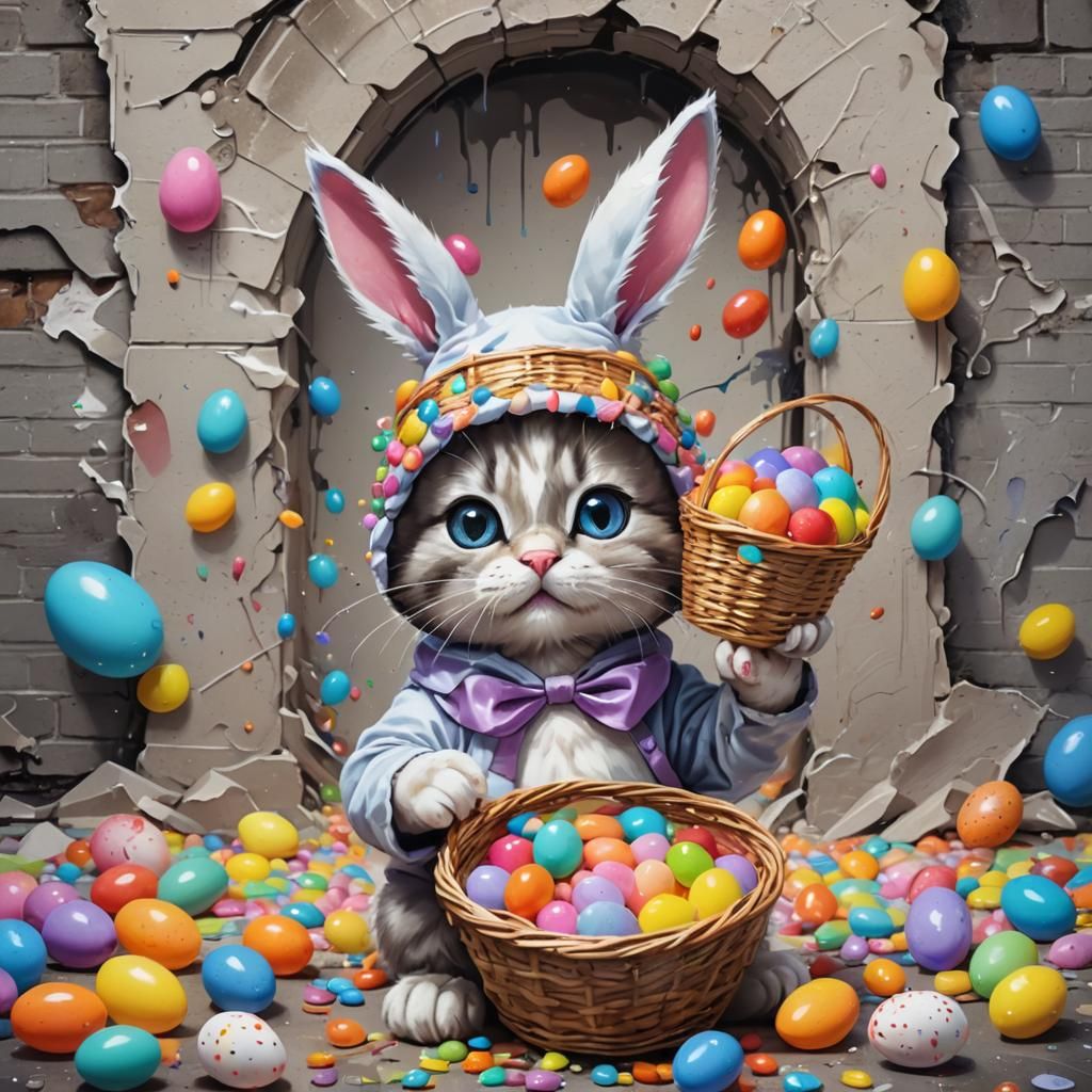 Cartoon Kitten as Easter Bunny in Graffiti Style