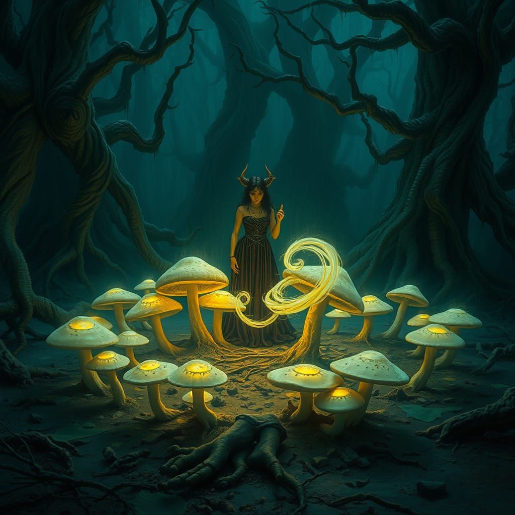 Mystical Fay Witch in Dark Fantasy Landscape