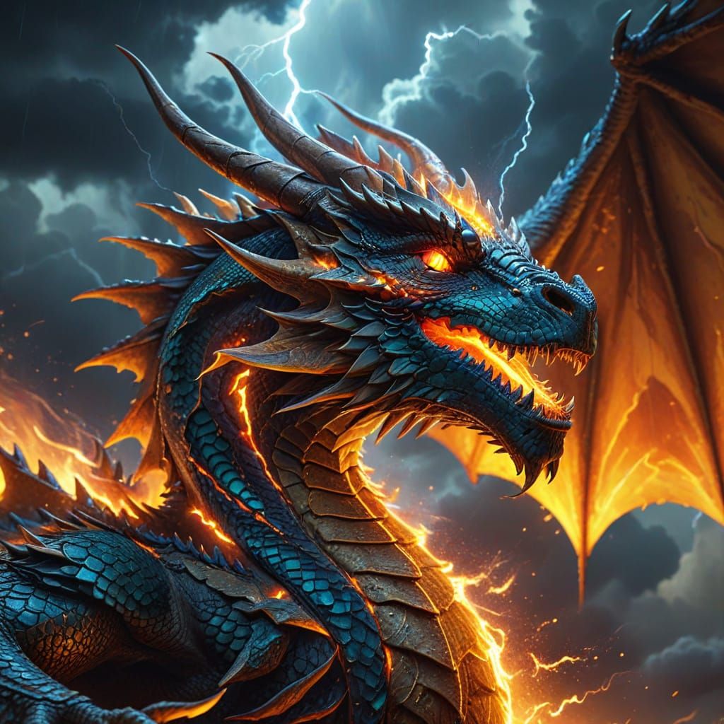 Majestic Dragon Soaring Through Stormy Sky