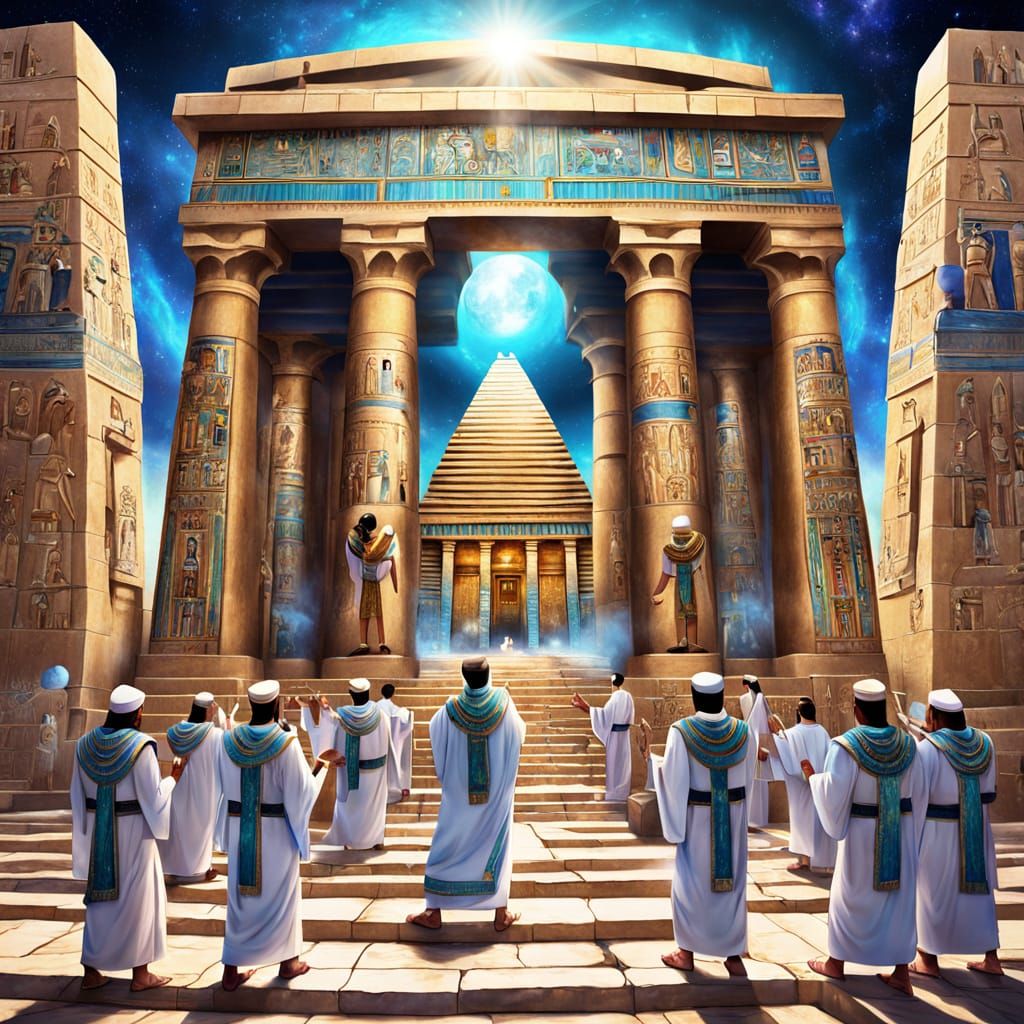 Egyptian Priests Carry Tablet in Astral Illustration