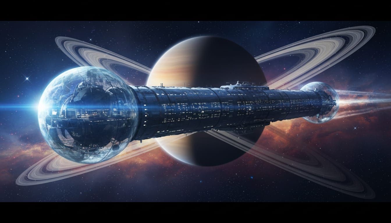 Hyperrealistic Colony Ship Travels Past Saturn