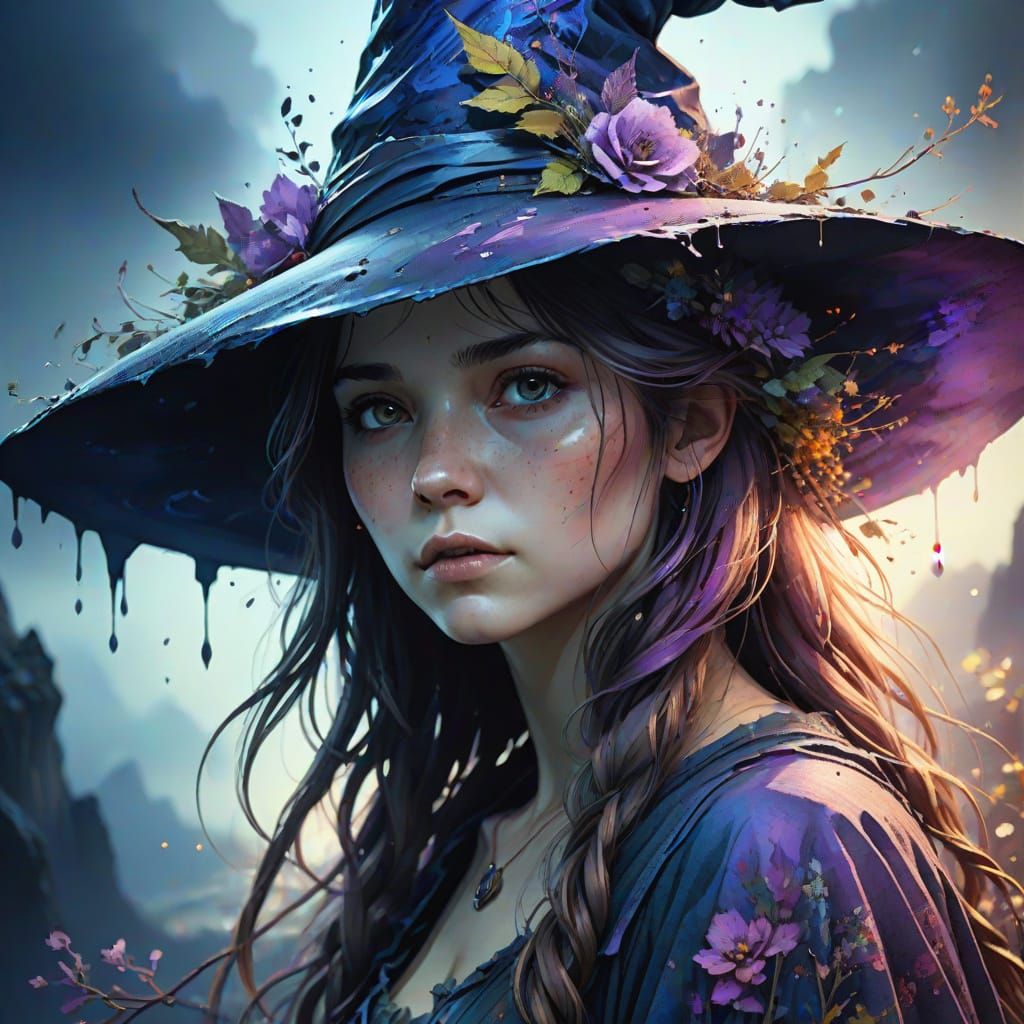 Witch Double Exposure Digital Watercolor with Midnight Lands...