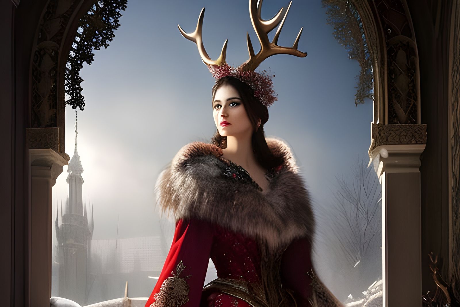 Antlered Woman in Winter Town: Hyper-Realistic CGI Render