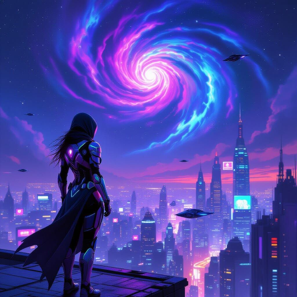 Cyberpunk Assassin on Neon Rooftop Overlooking Metropolis