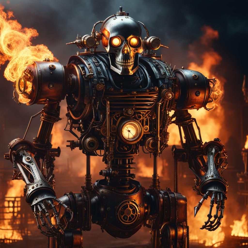 Steampunk Robot Skeleton in Fire