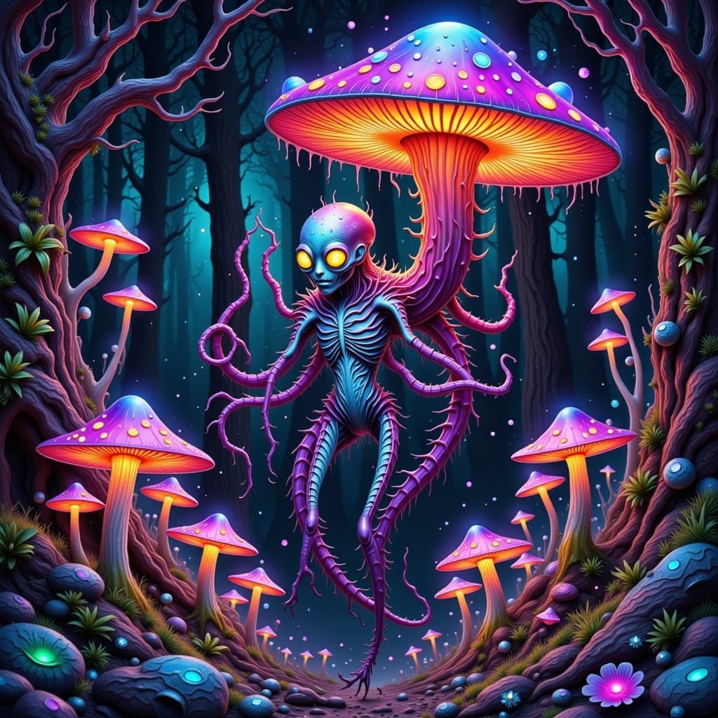 Whimsical Fae Creatures in a Vibrant, Glowing Mushroom Fores...