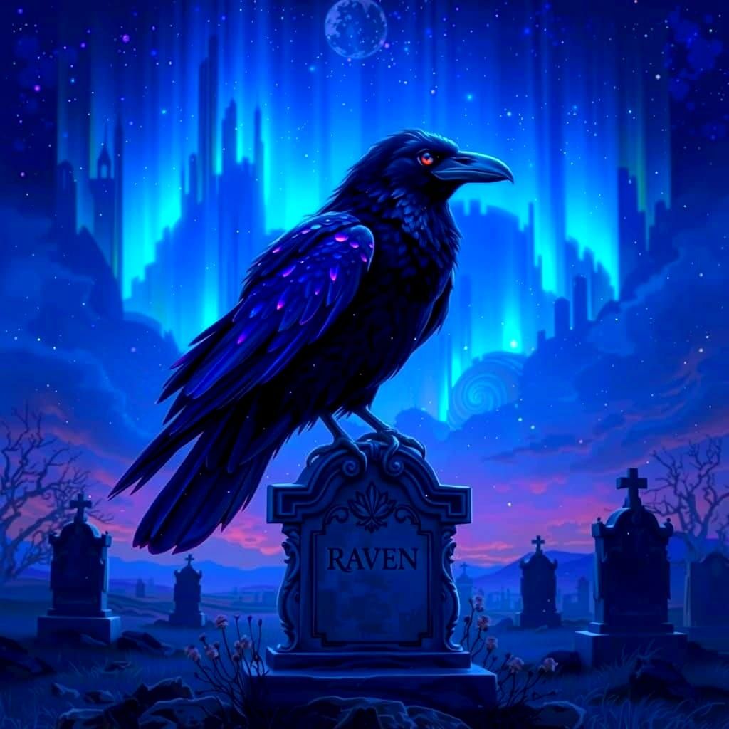 Cosmic Raven in Graveyard, Holographic Astral Illustration