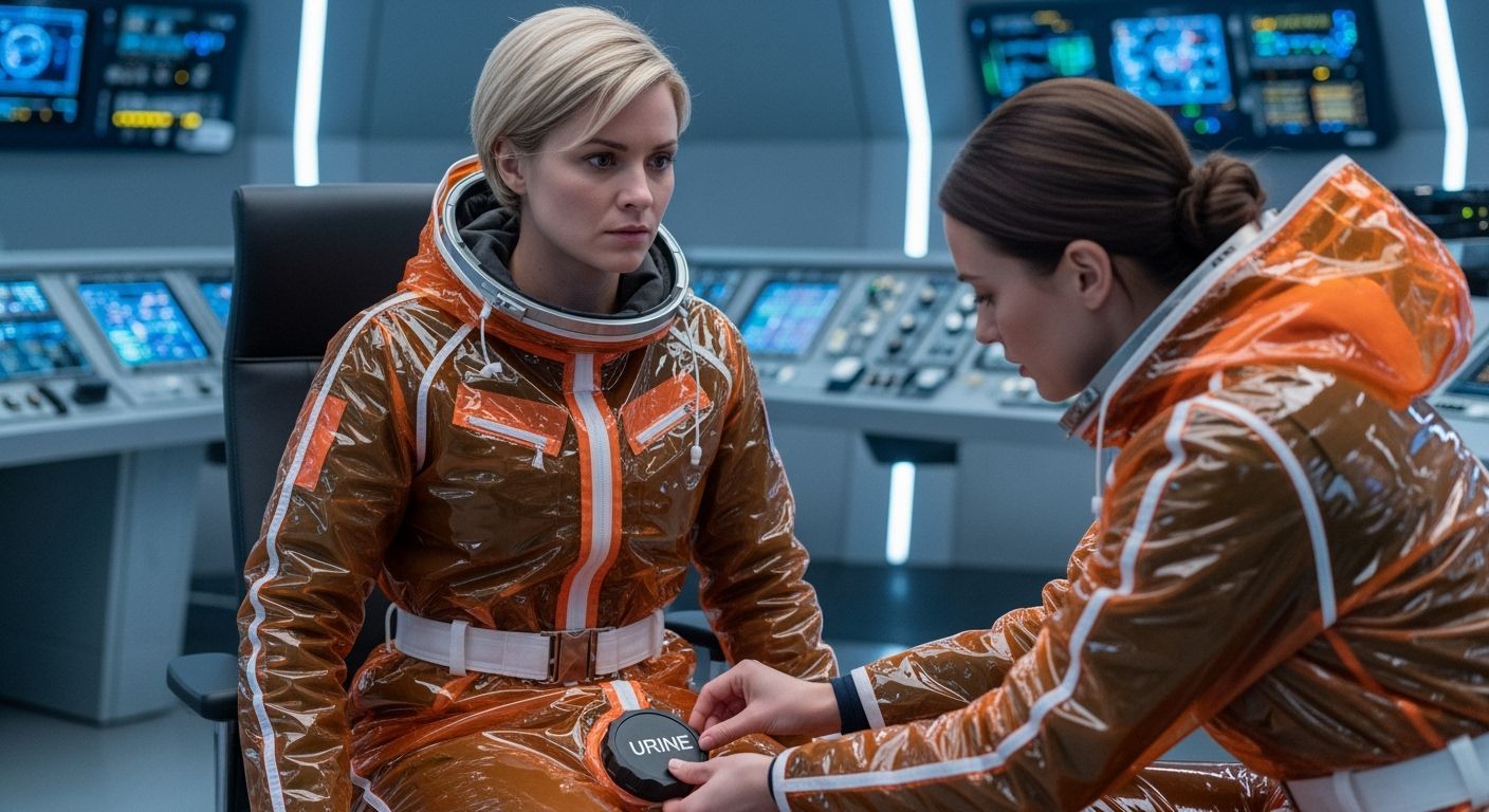 Astronaut Woman in Orange PVC Suit in Space Center