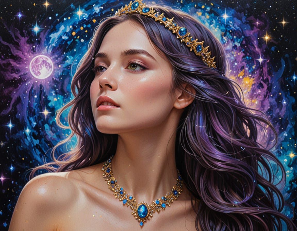 Ethereal Goddess Shines in Starry Night Sky