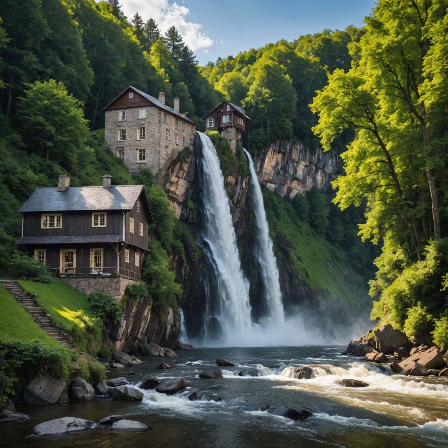 Scenic Waterfall and Cottage Landscape