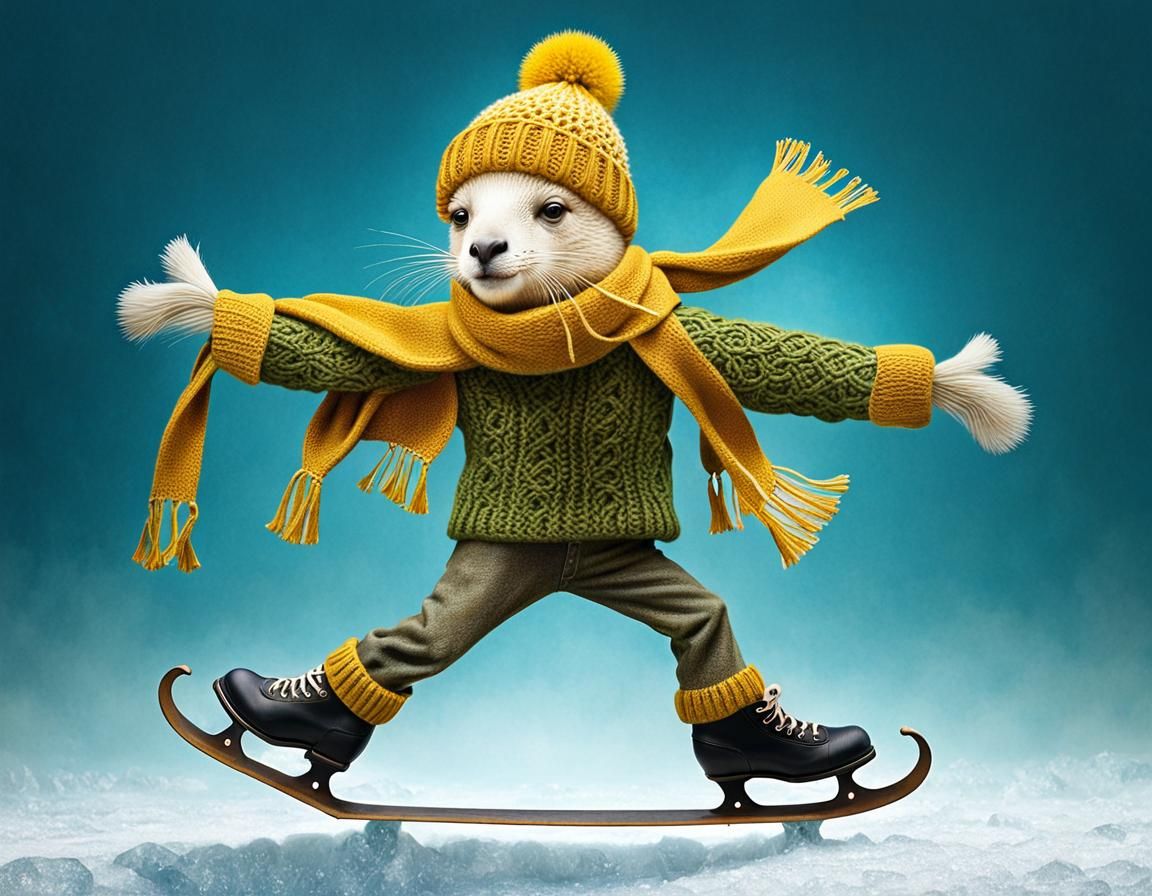 Giraffe Skates on Ice in Intricate Winter Scene