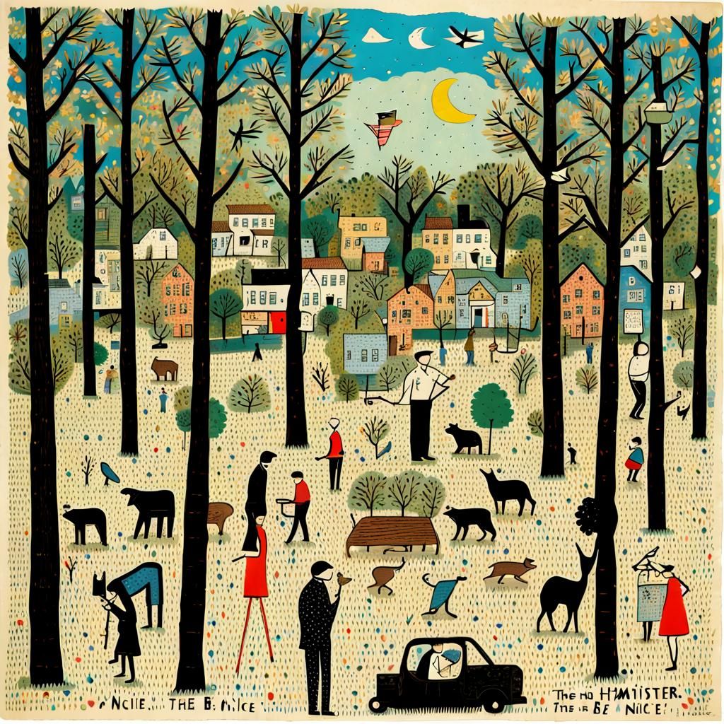 Naive Neighborhood Scene in Folk Art Style