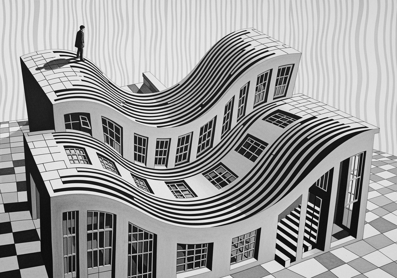 Abstract Vertigo Art with Wavy Lines and Warped Architecture