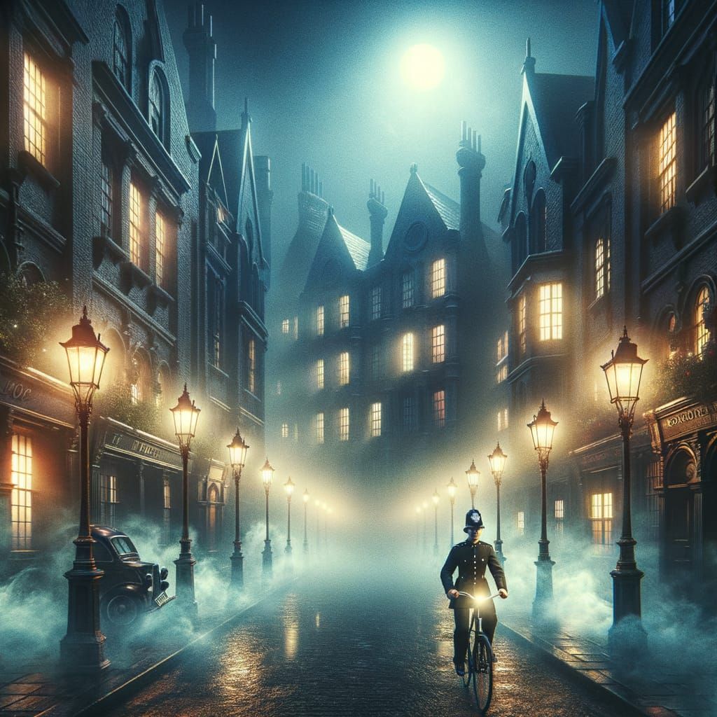 Foggy Old London Street with Ethereal Light and Officer