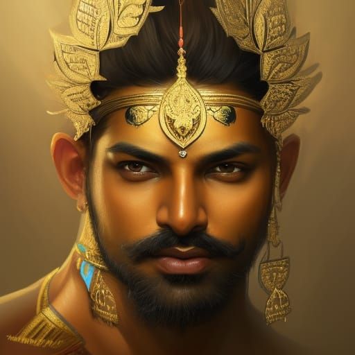 Indian Man Portrait with Lotus and Peacock Headdress