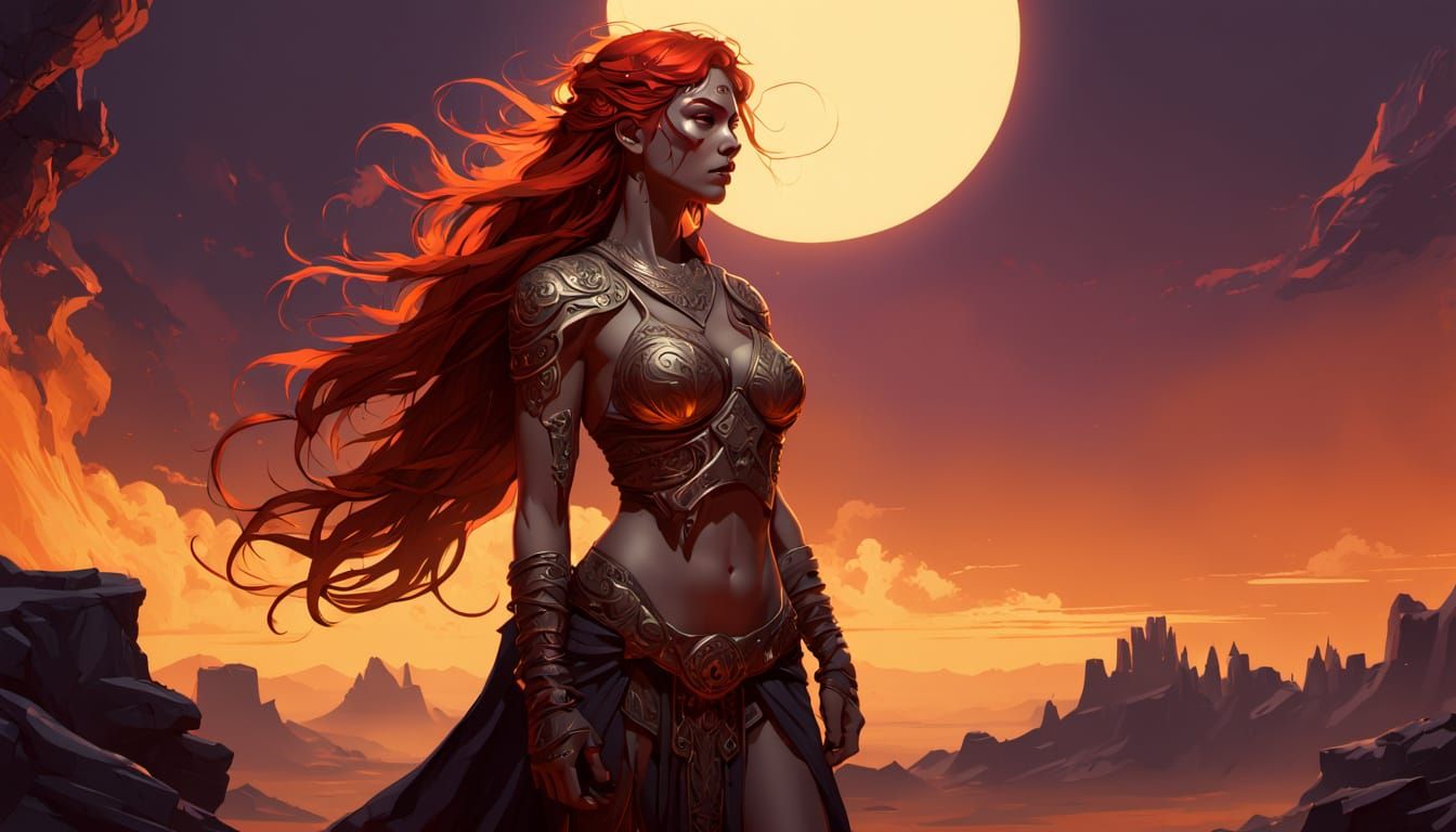 Ethereal Barbarian Maiden of Flame-Red Locks and Green Eyes