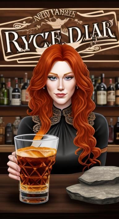 Ginger Bartender Serving Whisky with Abstract Fractal Elemen...