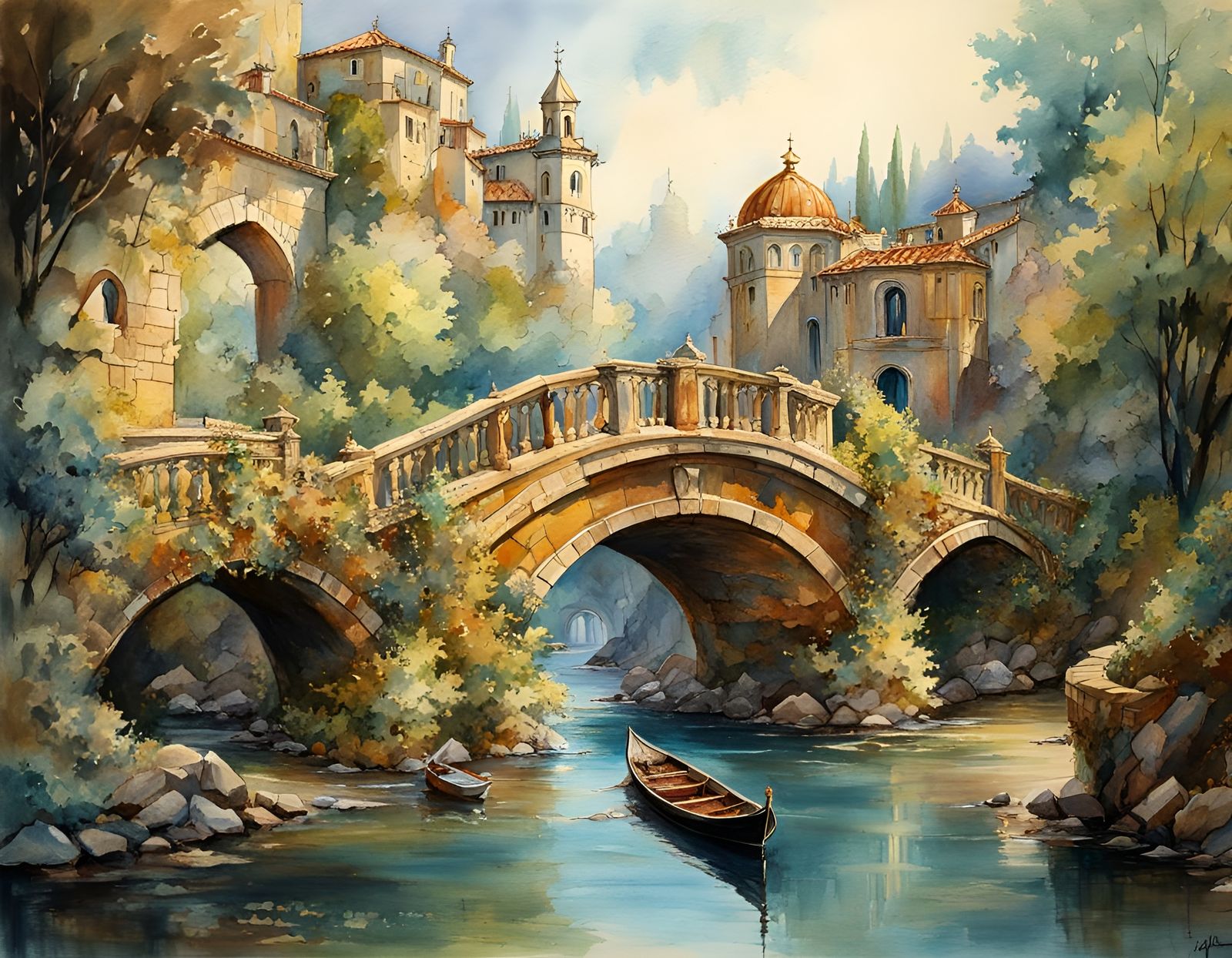 Eroding Stone Bridge with Arches in Art Nouveau Style