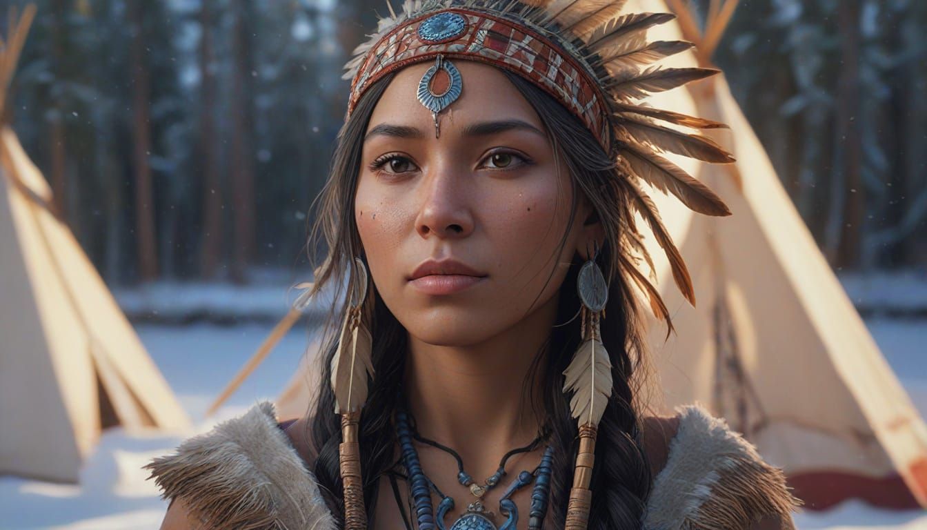 Native American Woman in Snowy Forest Landscape, Traditional...