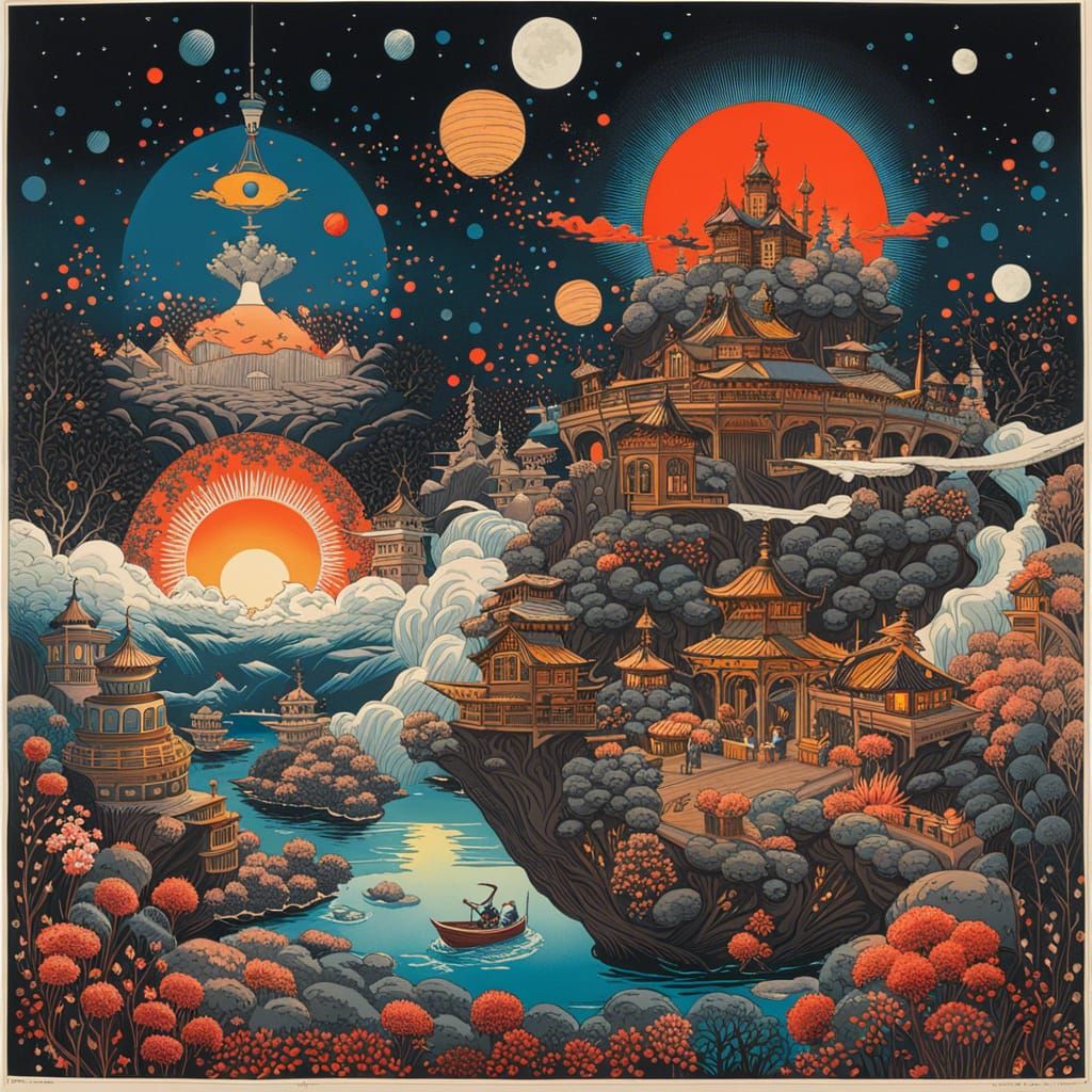 Magic Cherry Blossoms at Night: Fantasy Cartoon Art