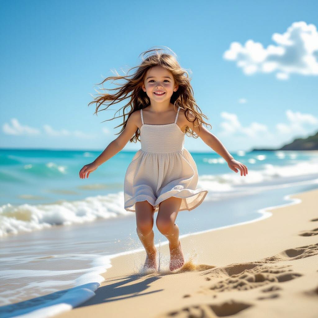 Girl Mid-Jump on Sunny Beach in Flowing Dress