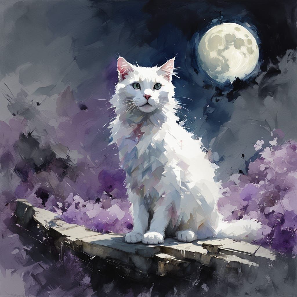 Surreal Watercolor of Elegant Cat Under Full Moon