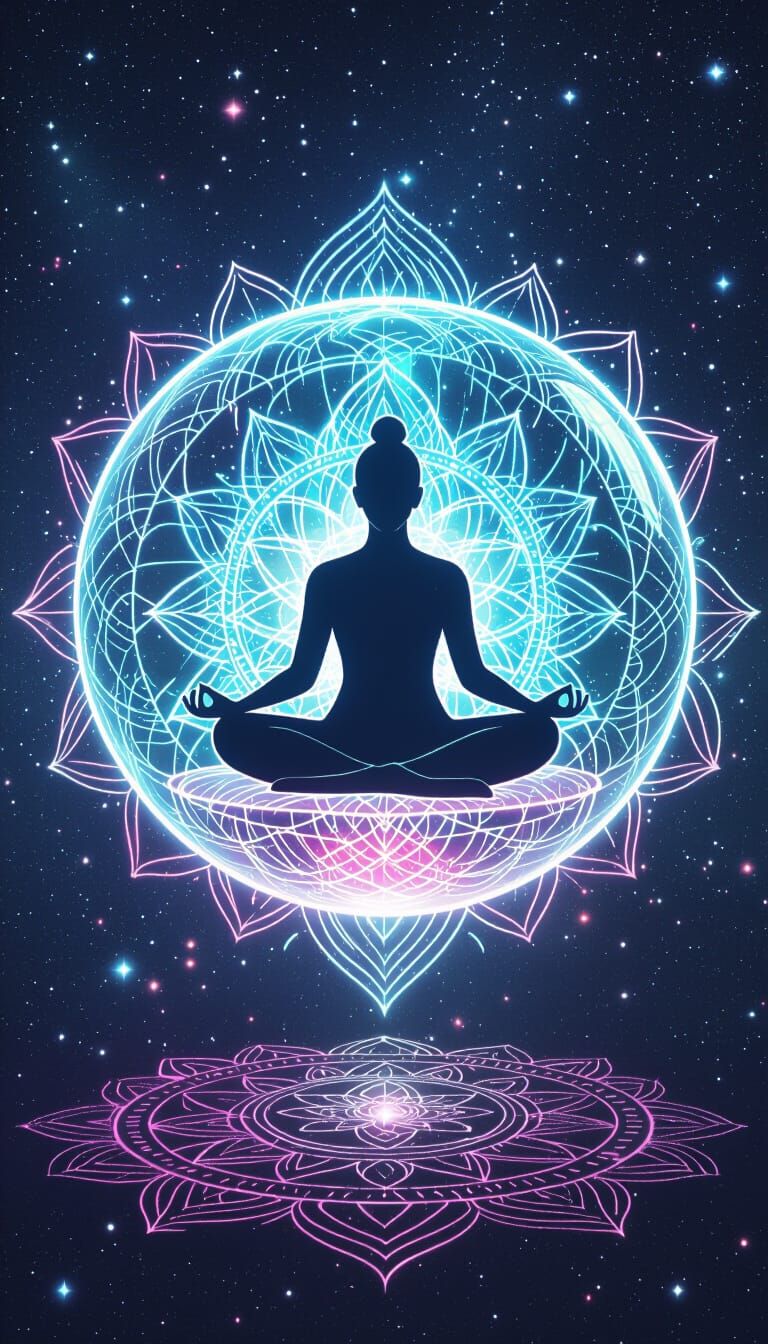 Meditating Figure in Cosmic Sphere: Neon Ink Art