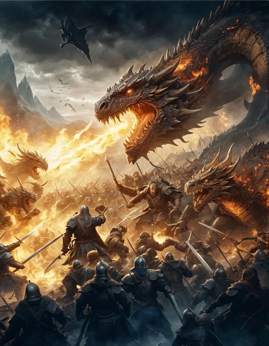 Epic Dwarf Warriors Clash with Dragon in Battle